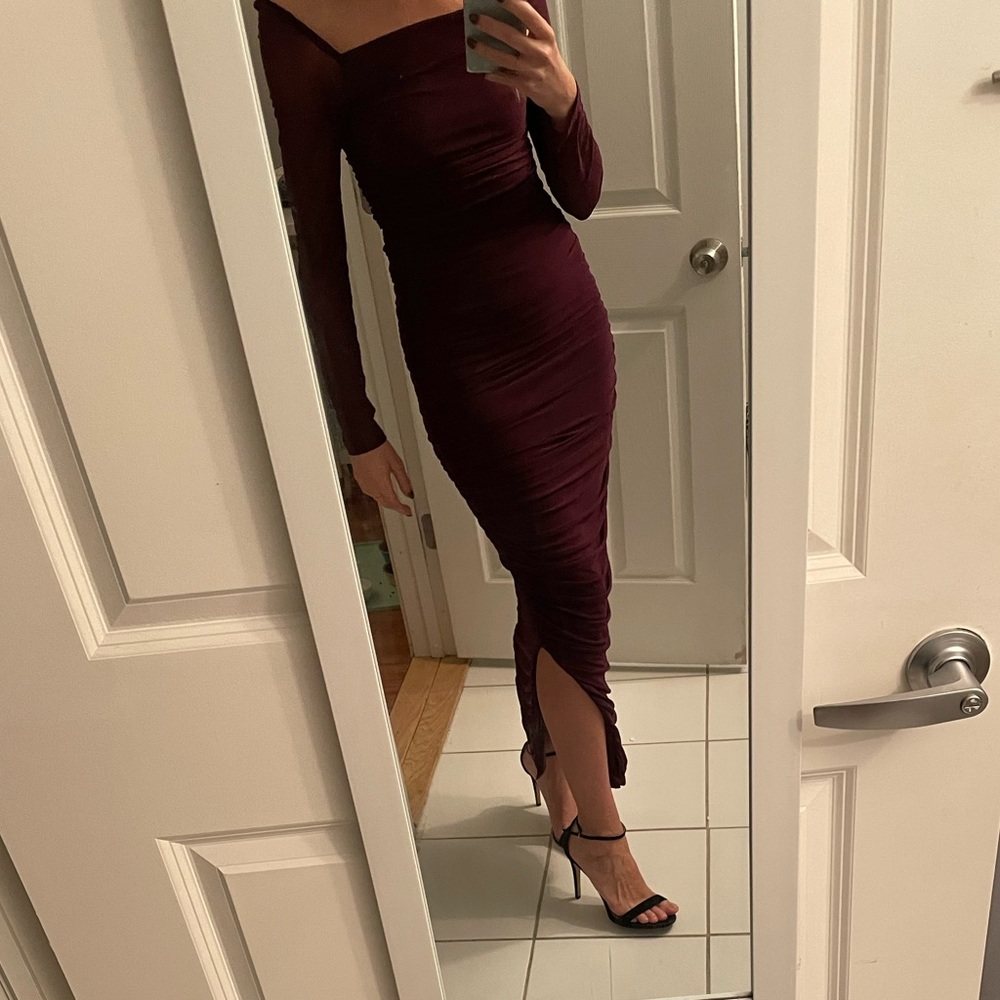 Dark purple long sleeve wedding guest dress